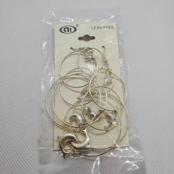 NWT Silver Dangling Hoop & Dolphins Earrings - Picture 1 of 2